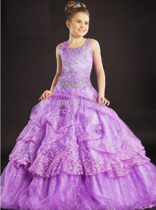 Stylish Halter 2012 Flowr Girl Dresses Organza Ball Gown Beading Full Length Purple Dress For Girls