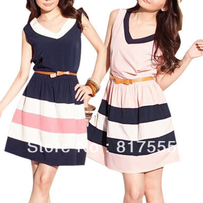 Stylish Summer V Neck Sleeveless Dark Blue Pullover Dress S w Orange Belt for Women