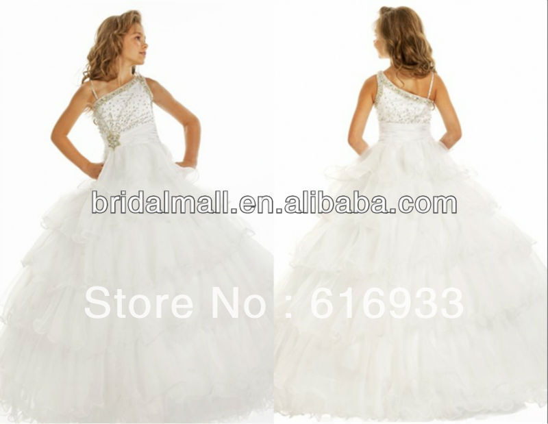 Stylish white one shoulder bead party ball gown long flower girl dresses prom dress pageant dress JY003