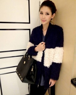 Submissively clothing autumn and winter black and white color block faux berber fleece wool color block decoration overcoat