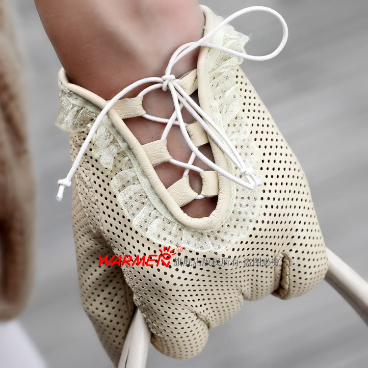 Suede lace cutout hole-digging women's genuine leather gloves l008n