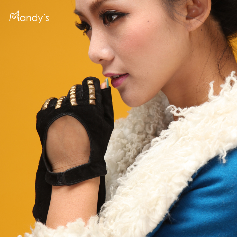 Suede women's semi-finger rivet ruslana korshunova women's punk genuine leather sheepskin gloves