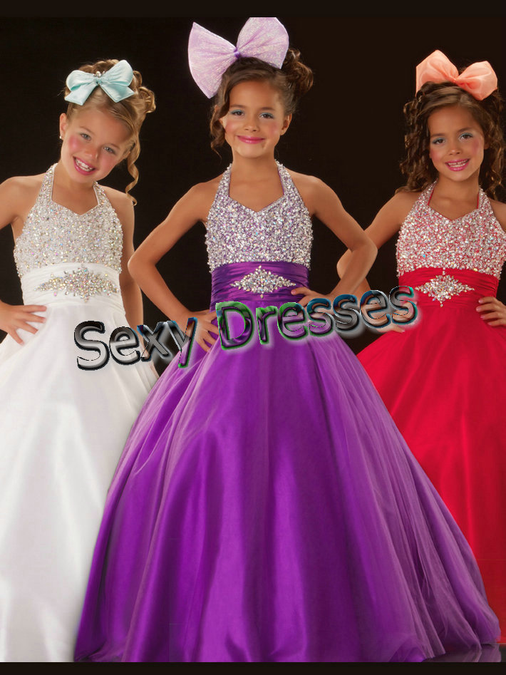 Sugar Girl Pageant 2013 New Style Wedding Party Halter Beaded Flower Girl Dress Free Shipping
