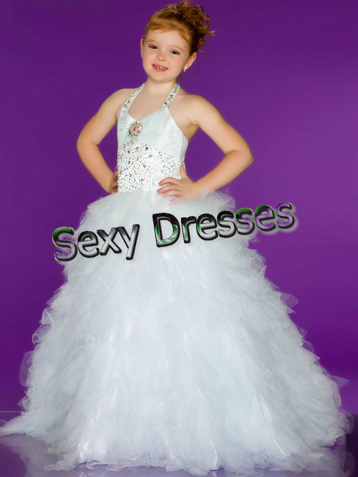 Sugar Girl Pageant 2013 New Style Wedding Party Halter Ruffled Beaded White Flower Girl Dress Free Shipping