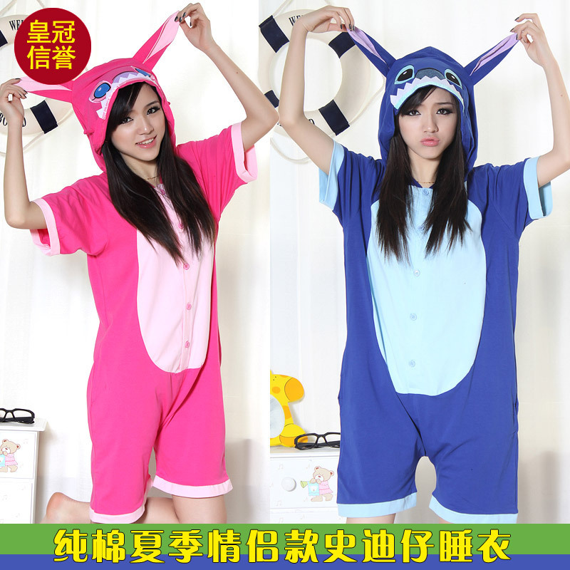 Summer 100% cotton cartoon animal stitch one piece sleepwear short-sleeve lovers plus size lover`s clothes cute pajamas