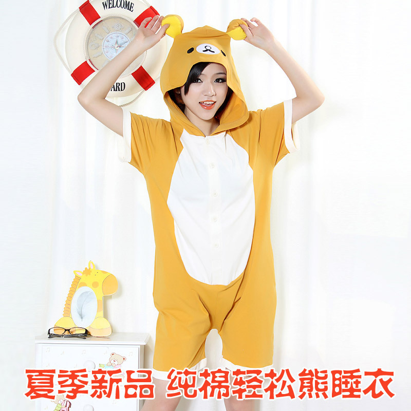 Summer 100% cotton short-sleeve cartoon animal Rilakkuma pajamas sleepwear male women's lovers one piece lounge