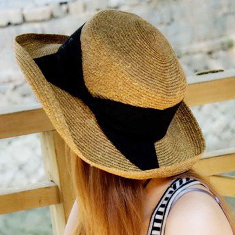 Summer 16 strawhat roll-up hem bow big along the cap straw braid sun hat