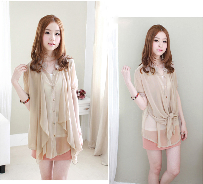 Summer 2012 fresh patchwork smallerone lantern sleeve button loose and cool chiffon shirt,women's apparel,FREE SHIPPING