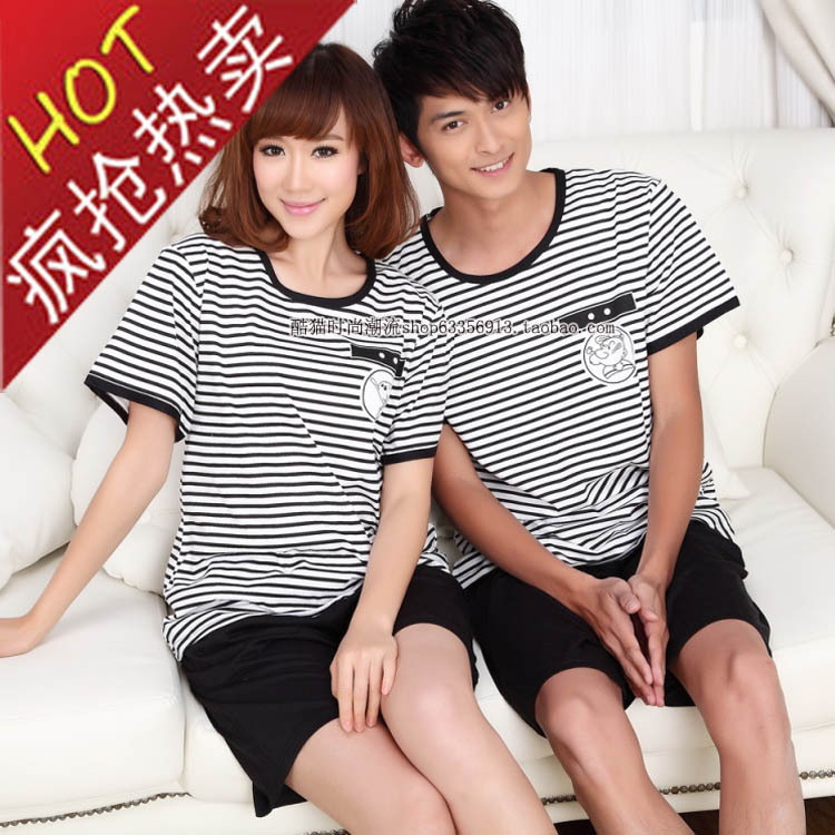 Summer 2012 lovers 100% cotton short-sleeve stripe set sleepwear female men's clothing sleepwear lounge