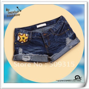 Summer 2012 women's all-match five-pointed star applique distrressed hole roll up hem denim short trousers