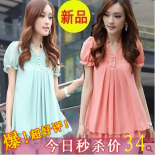 Summer 2012 women's chiffon plus size short-sleeve top loose lace slim chiffon shirt female
