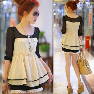 Summer 2013 peter pan collar ruffle short-sleeve women's lace chiffon shirt top
