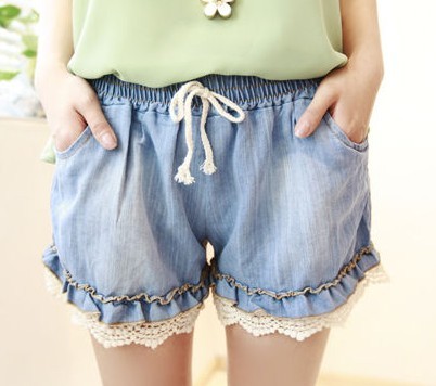 Summer 2013 spring female small fresh elastic back hook laciness short trousers loose jeans