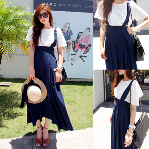 summer 2013free shipping  xiaxin partysu sweet slim solid color badge t-shirt suspenders all-match bust skirt