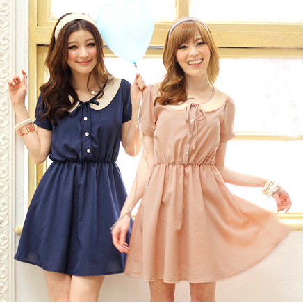 Summer all-match pleated collar short-sleeve slim waist one-piece dress chiffon skirt