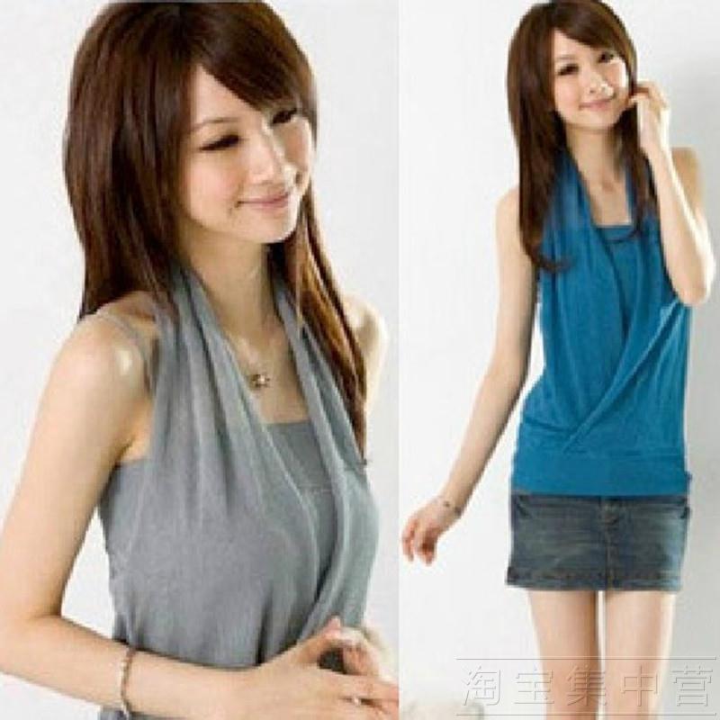 Summer all-match slim clothing viscose spaghetti strap halter-neck faux two piece set racerback loading spaghetti strap basic