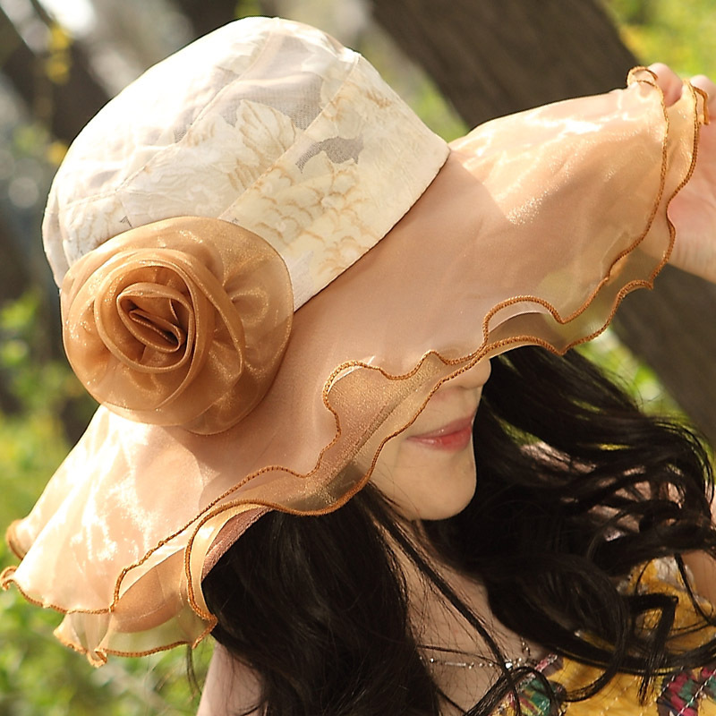 Summer anti-uv sunbonnet large sun hat flouncing folding women's sunscreen hat foldable flower charms spend holiday accessory