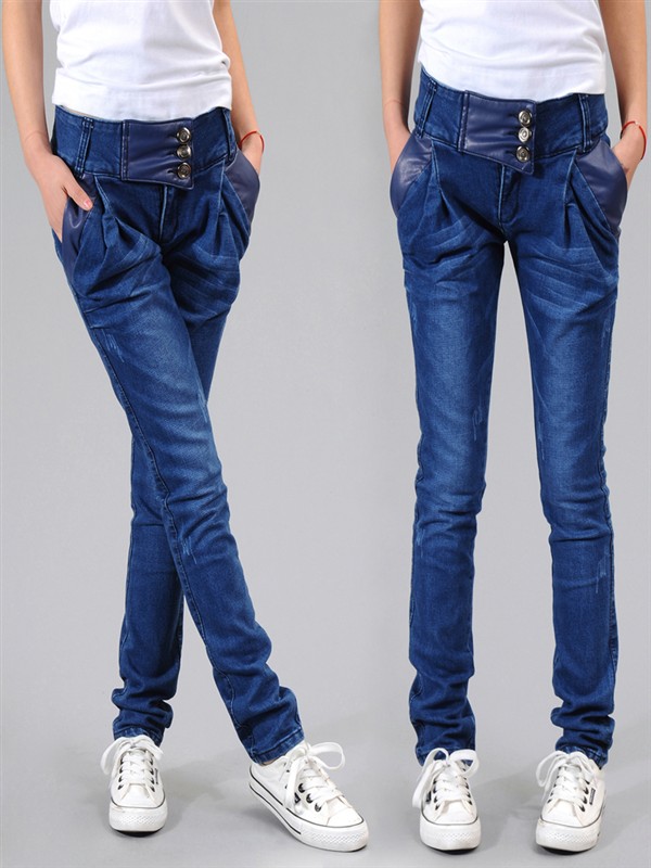 summer autumn Women thin elastic PU applique mid waist denim buttons quality harem pants pencil slim jeans 12082404