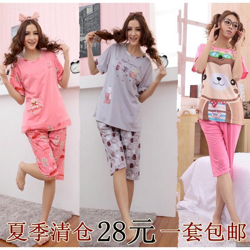 Summer big cartoon sleepwear female 100% cotton short-sleeve lounge set