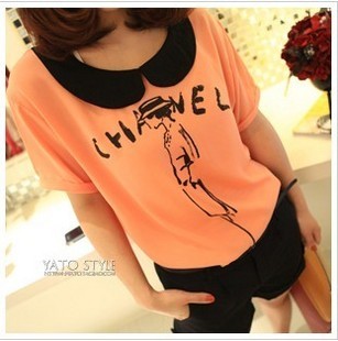 summer black butterfly collar classic elegant pattern chiffon shirt