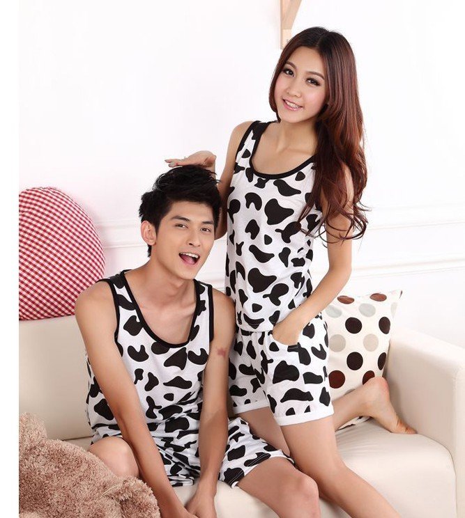 Summer cartoon cow lovers pure cotton vest shorts pajamas suit men and women vest Free Shipping
