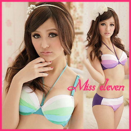 Summer colorful stripe green insert underwear bra set