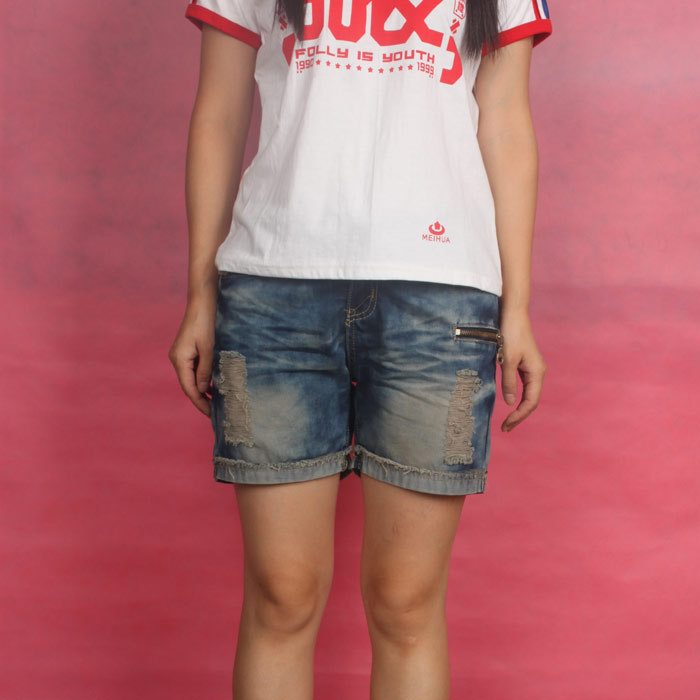 Summer denim roll up hem female distrressed loose female shorts denim zipper decoration