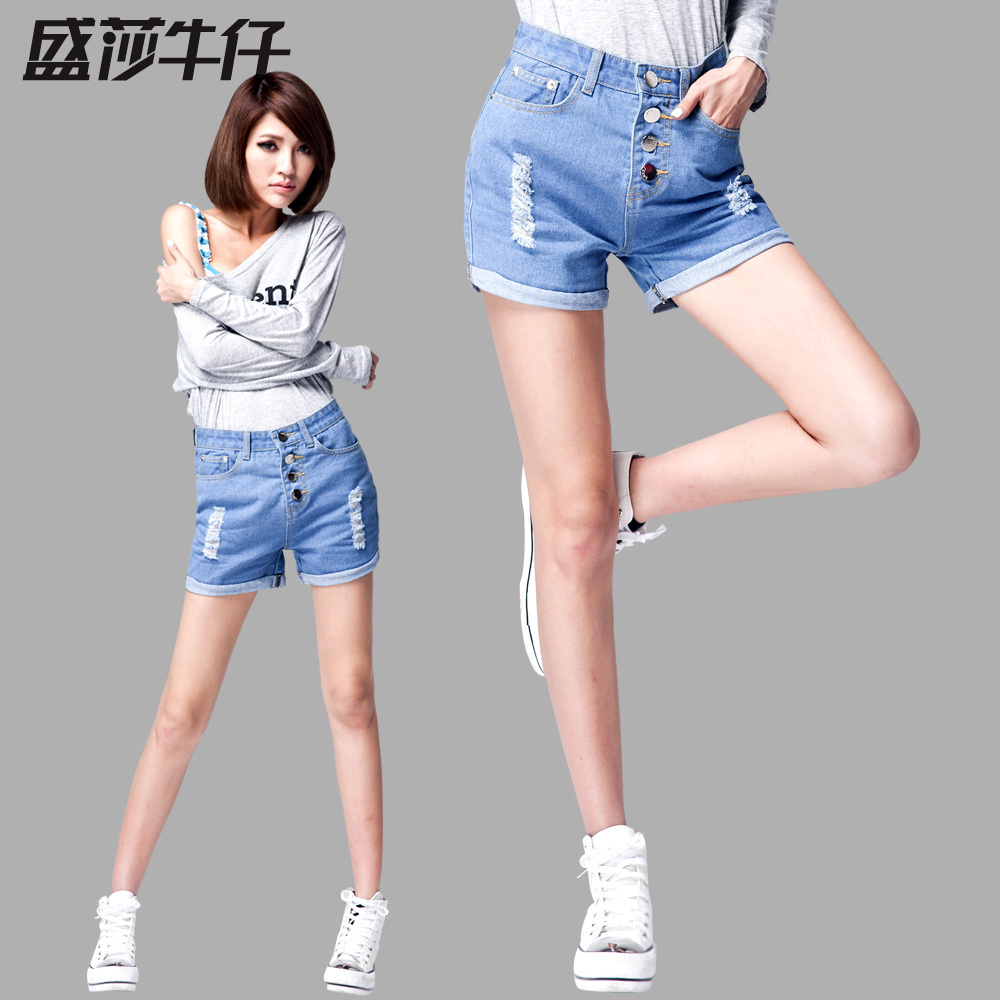 Summer denim shorts female metal buttons hole light color high waist