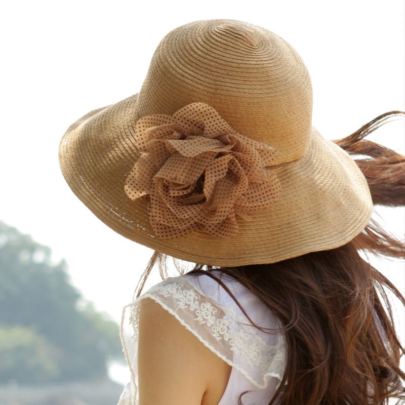 Summer dot flower wide-brimmed strawhat women's adjustable big along sunbonnet beach cap
