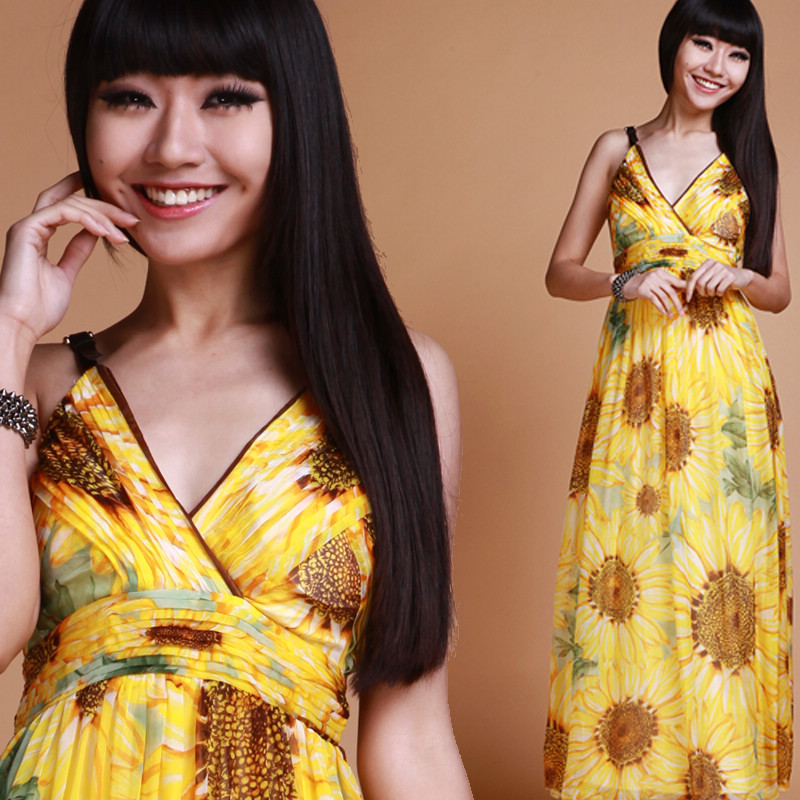 Summer dress beach dress spaghetti strap leather one-piece dress bohemia V-neck full print silk dress