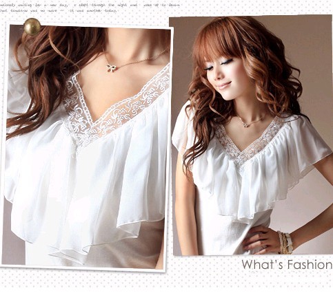 summer elegant gentlewomen V-neck fashion chiffon ruffle plain top women clothing white black free shipping