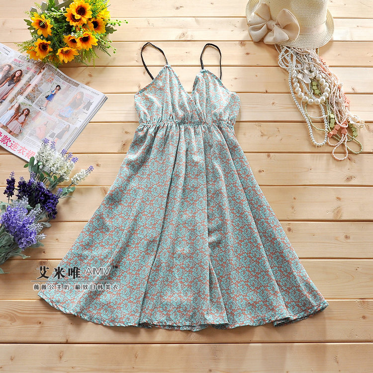Summer elegant women's deep V-neck artificial leather spaghetti strap rose slim waist paragraph 55684 one-piece dress