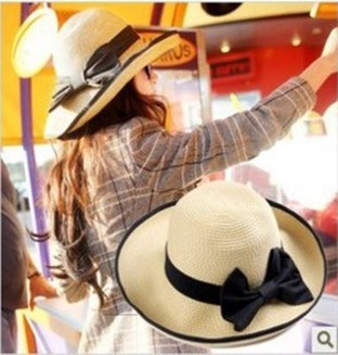Summer fashion bow sun-shading strawhat sunbonnet roll-up women's hem beach hats sun protection travel hat