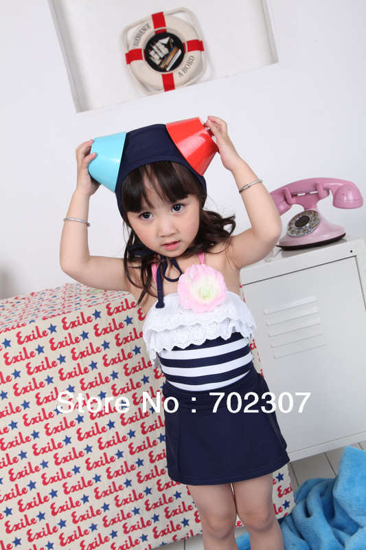 Summer fashion Navy color girl stripes swimsuit kid's bikini girl's 3pcs suits free shipping  5set/lot