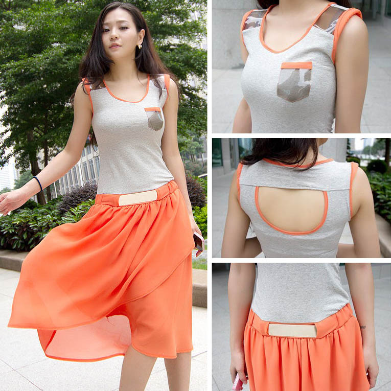 Summer fashion perspectivity leather small pocket patchwork elegant racerback slim waist sleeveless vest jumpsuit full dress