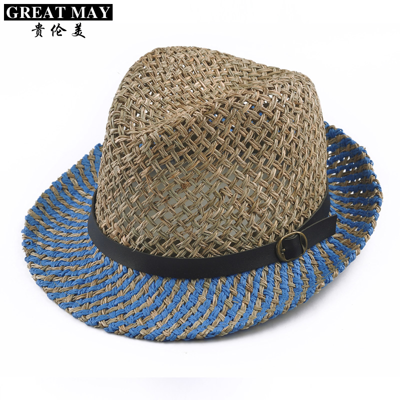 Summer fashion thong belt buckle decoration jazz hat blue stripe straw braid hat sunscreen