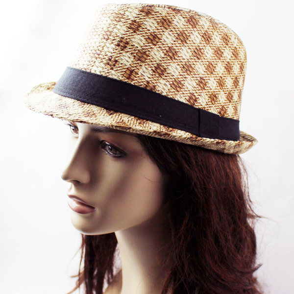 Summer fedoras straw braid small plaid pattern unisex vintage male women's hat