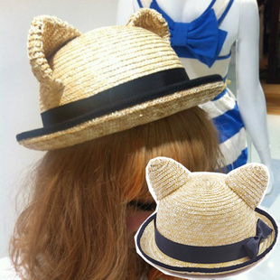 Summer female cat ears ccia roll-up hem strawhat round cap parent-child sun-shading hat