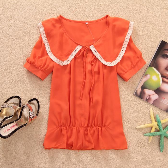 Summer female lace decoration turn-down collar lacing loose shirt chiffon shirt (WC001)