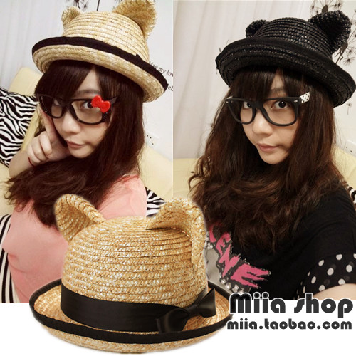Summer female one spo cat ears ccia roll-up hem strawhat round cap parent-child sun-shading hat , Free Shipping