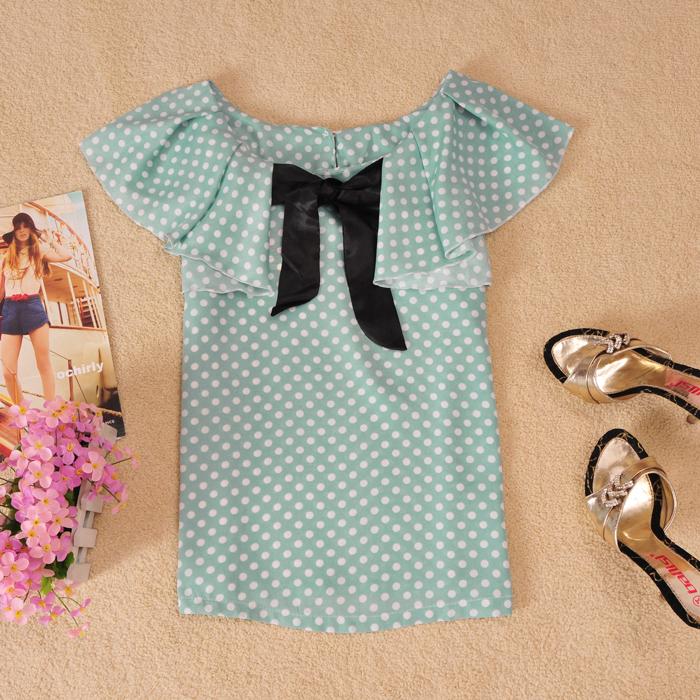 Summer female pure ruffled pleated sleeve polka dot lacing top chiffon shirt (WC026)