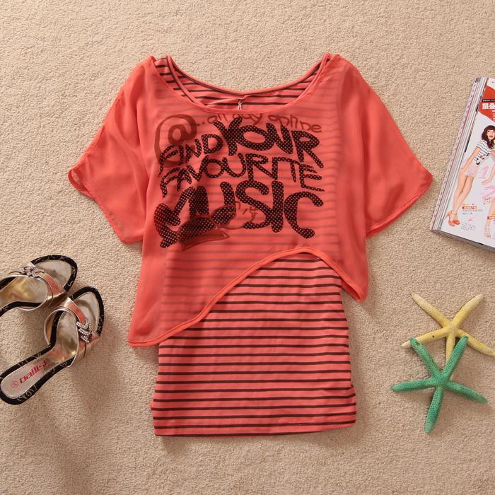 Summer female stripe basic letter casual batwing sleeve shirt twinset chiffon shirt (WC026)