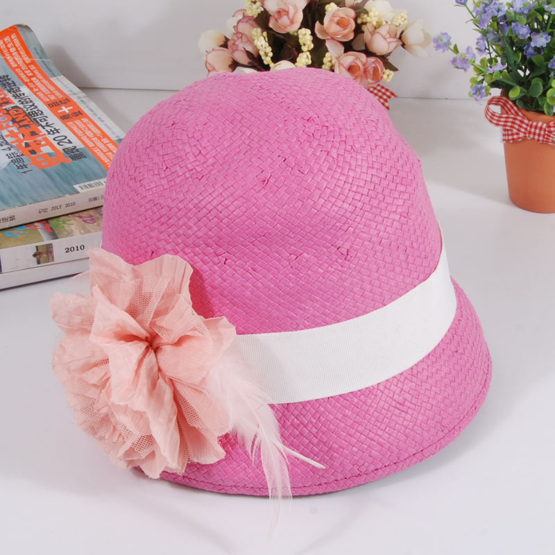 Summer flower strawhat irregular hat brim bucket hats fedoras pink female hat campaniform cap