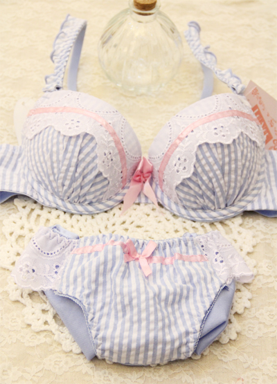Summer fresh vertical stripe lace decoration women's bra underwear set l106 blue