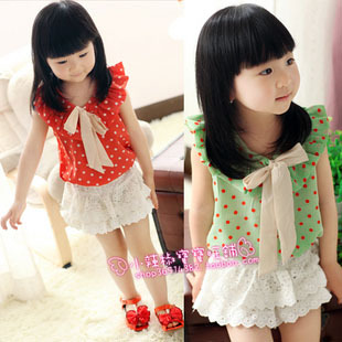 Summer girls clothing ruffle collar dot polka dot bow chiffon sleeveless vest summer vest 970