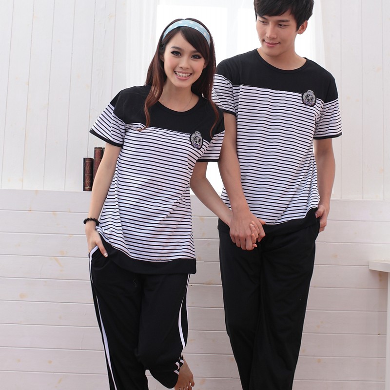Summer hot-selling stripe knitted 100% cotton lovers short sleeve length pants sleepwear lounge