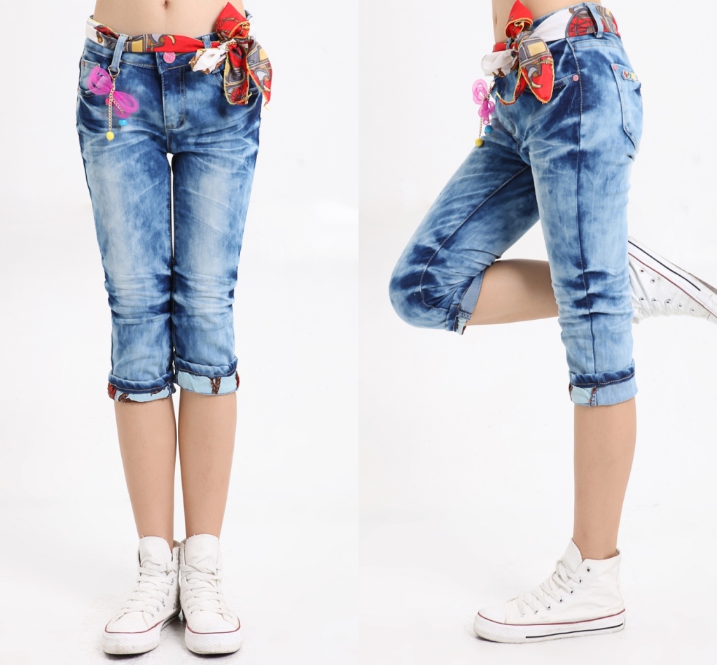 Summer knee length denim trousers roll up hem jeans elastic harem pants plus size belt 817
