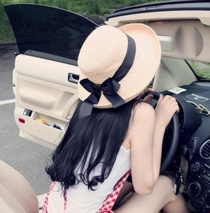 Summer Korean version of the new female bow ribbon curling paper straw hat flat cap large curling millinery