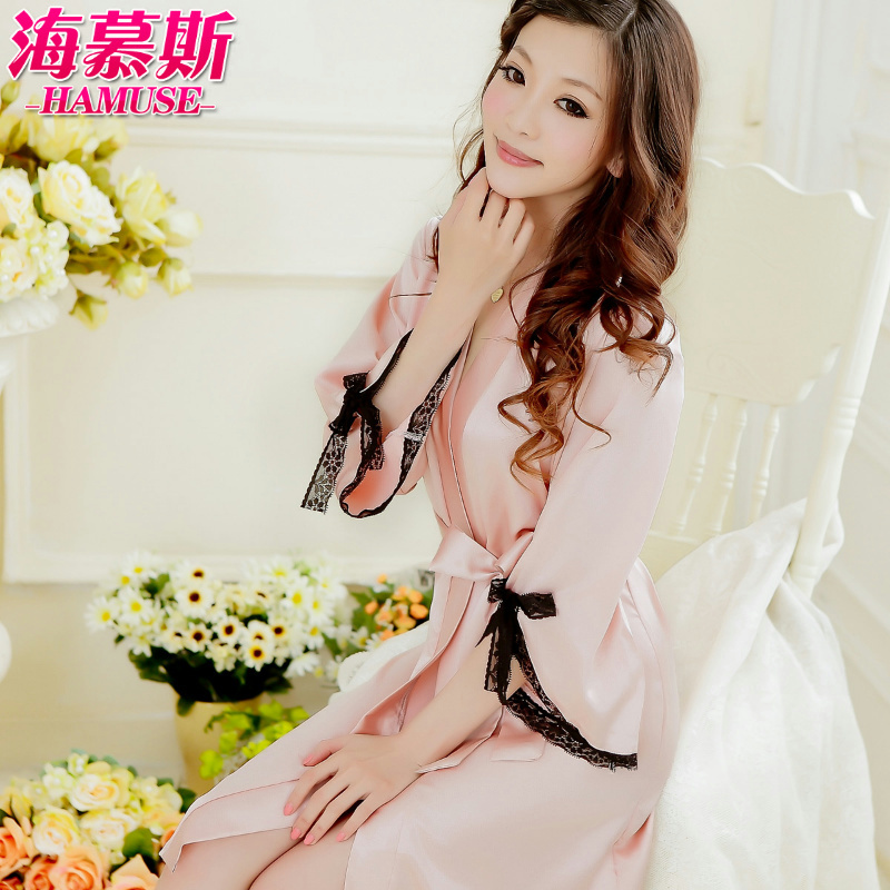 Summer lace Temptation faux silk robe powder orange long-sleeve women's bathrobes sexy Sleepwear