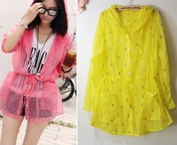 Summer long design long-sleeve neon transparent candy sun protection clothing anchor print with a hood outerwear sun protection